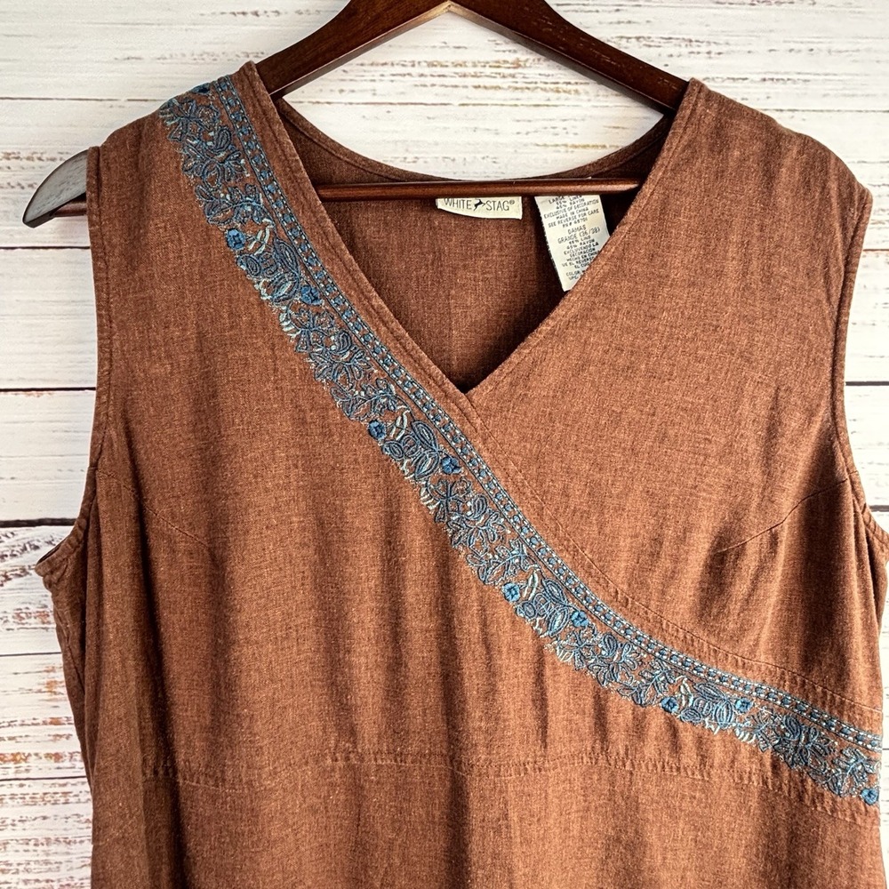 Vintage 90s LOng Linen Blend Dress L Sleeveless Brown Embroidered Lagenlook Boho - Picture 9 of 9